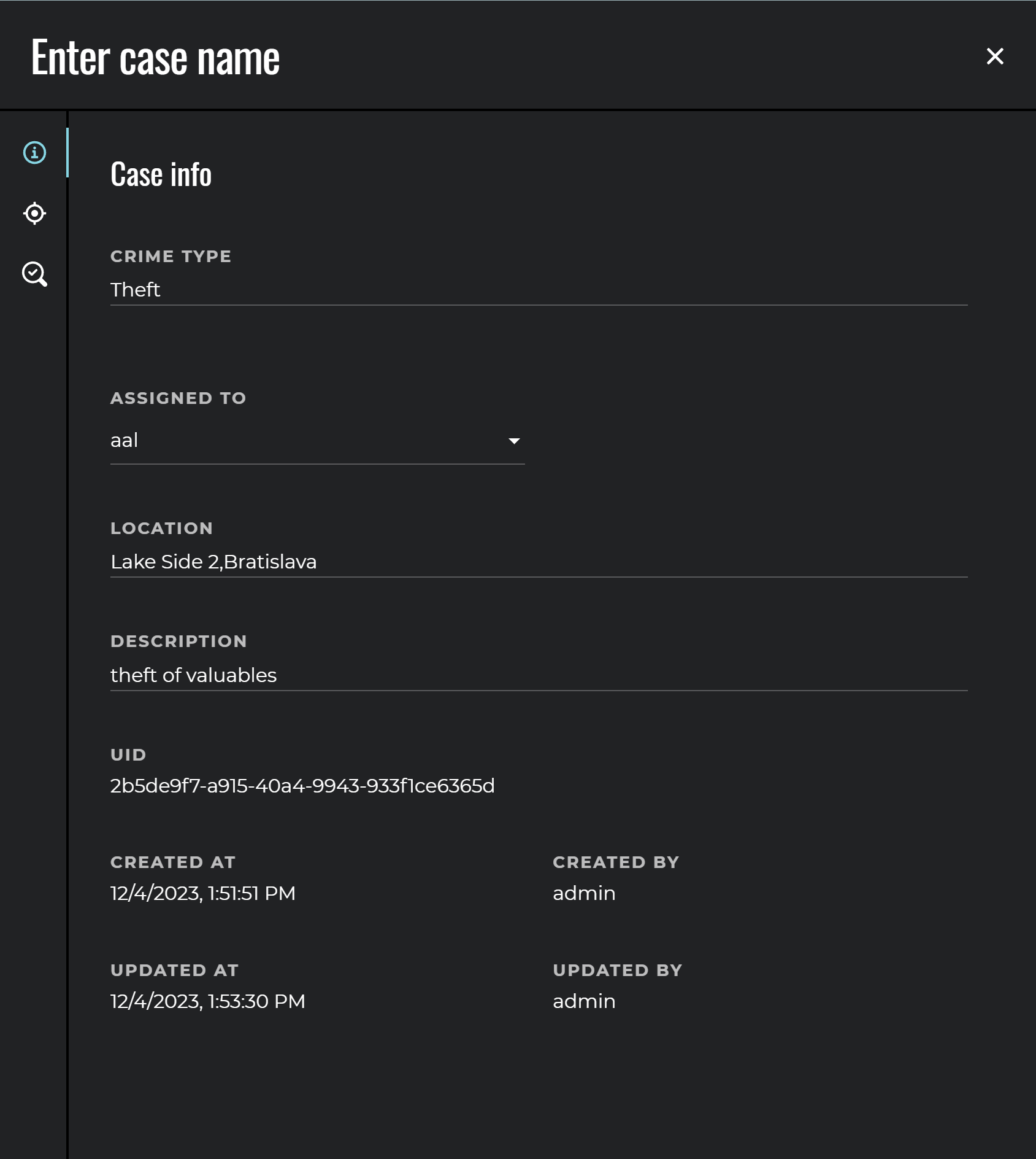 Case info window