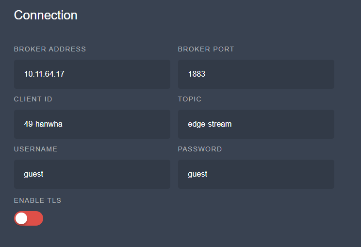 Camera configuration page with the MQTT broker address, port, client ID and topic fields