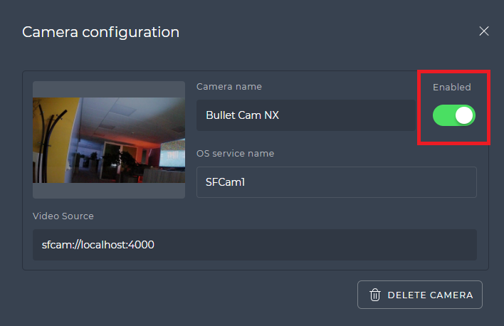 Camera configuration with the Enabled toggle switched on