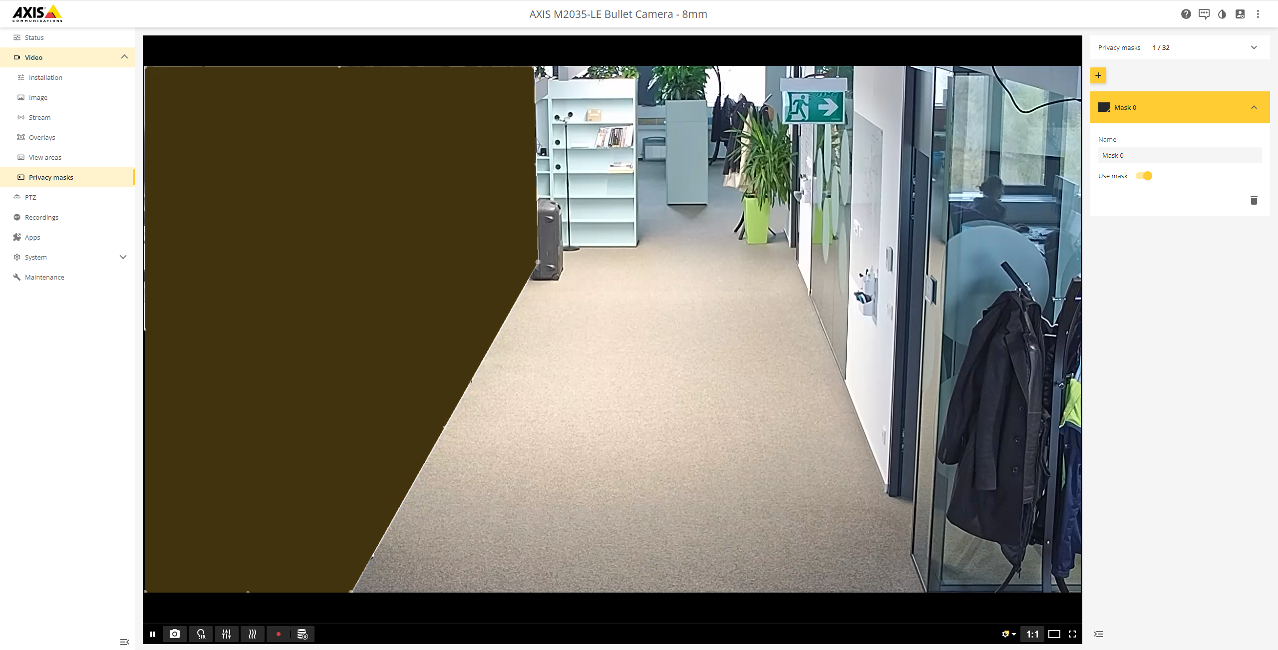 The camera stream with the privacy mask applied, the masked region blacked out