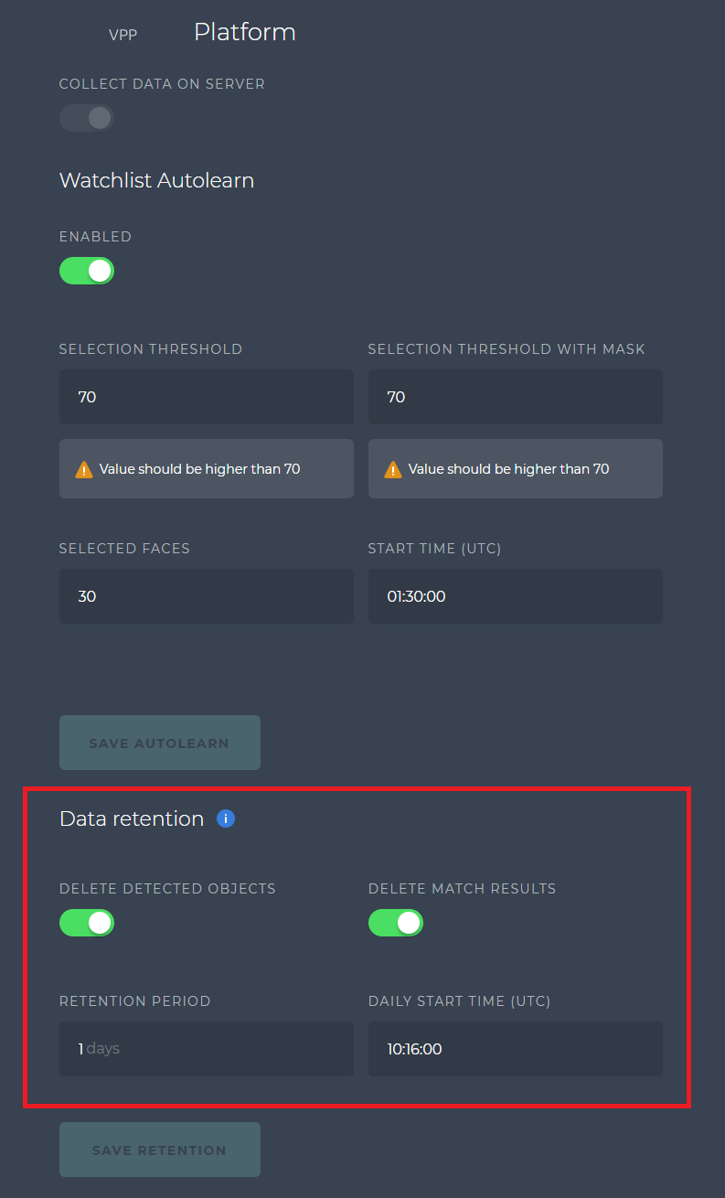 Data retention settings