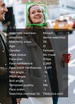 Enhanced preview with attribute labels such as name, watchlist and score printed next to each face