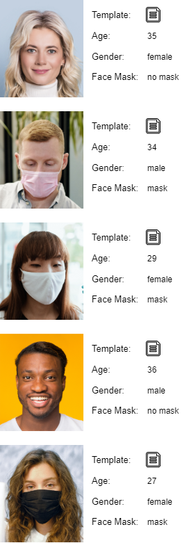 Attributes extracted from face images: template, age, gender, face mask