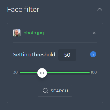 Face filter with a detected reference face and the threshold slider