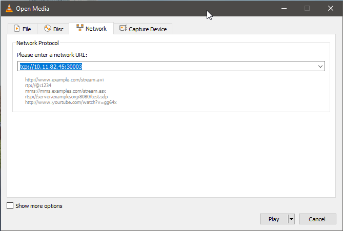 VLC Open Network Stream dialog with a tcp:// address entered