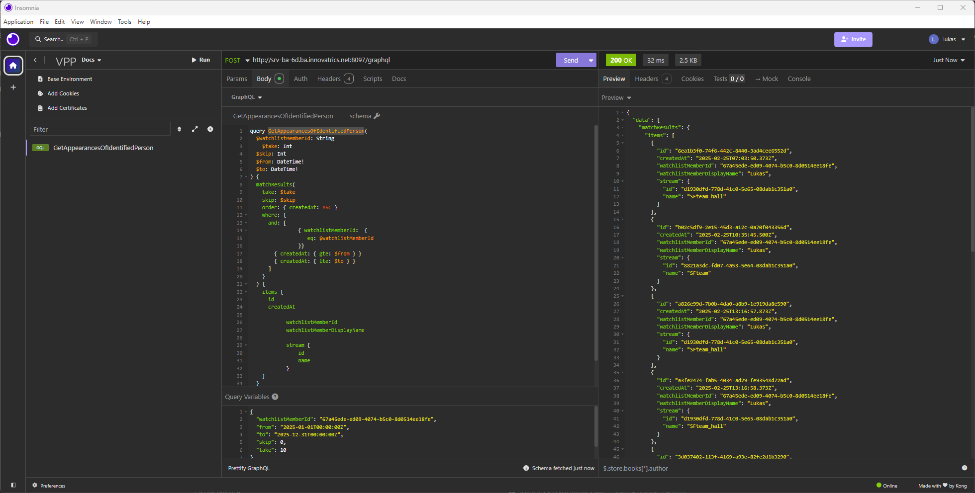 A GraphQL query and its response in the Insomnia client
