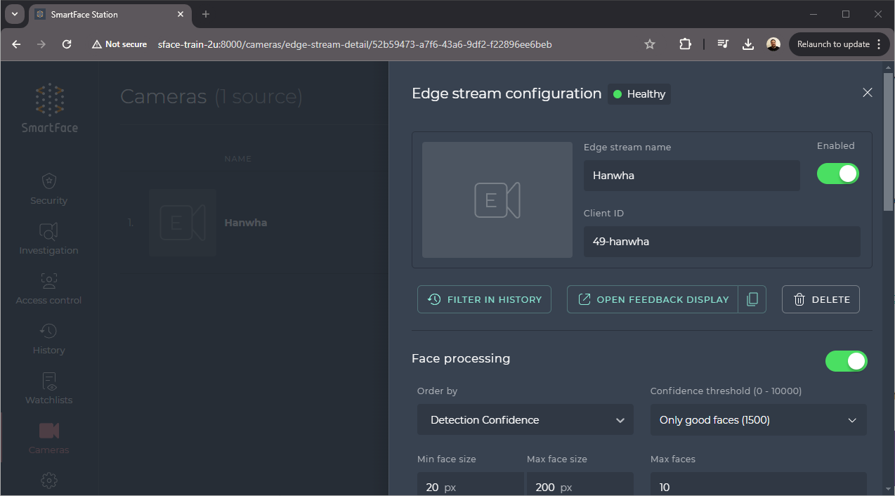 Edge stream in Station showing License Valid and Healthy status