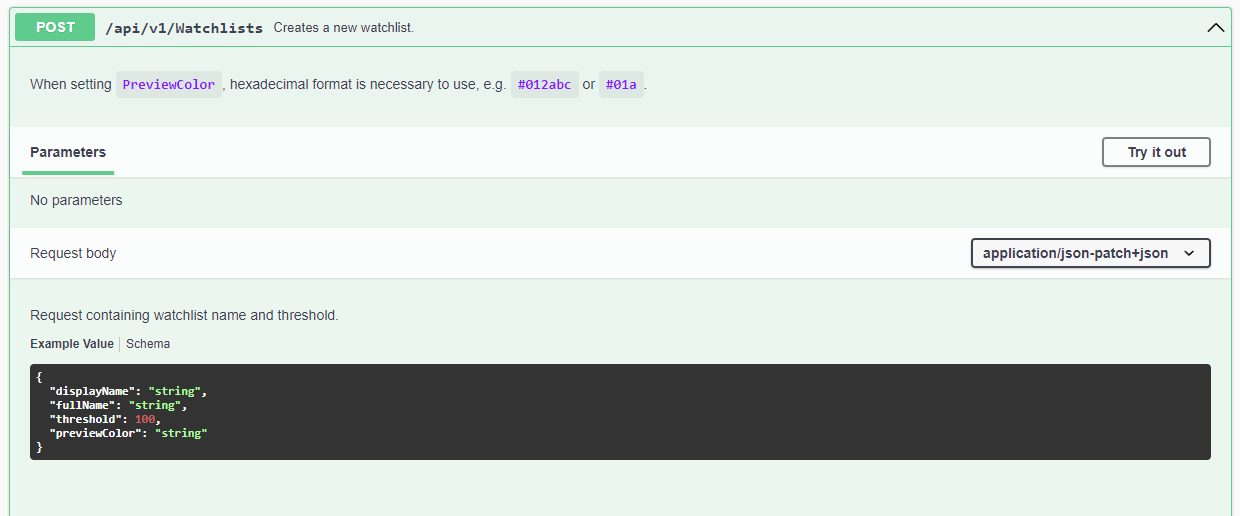 Swagger UI showing the POST /api/v1/Watchlists endpoint with its request body schema