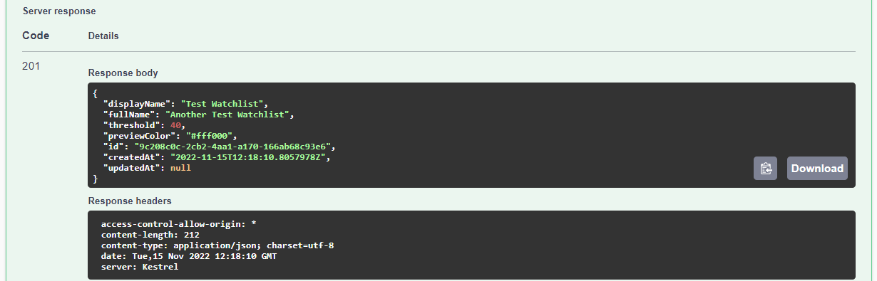 Swagger UI showing the JSON response of an executed request