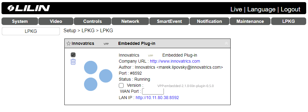 Lilin LPKG page showing the Innovatrics plug-in running