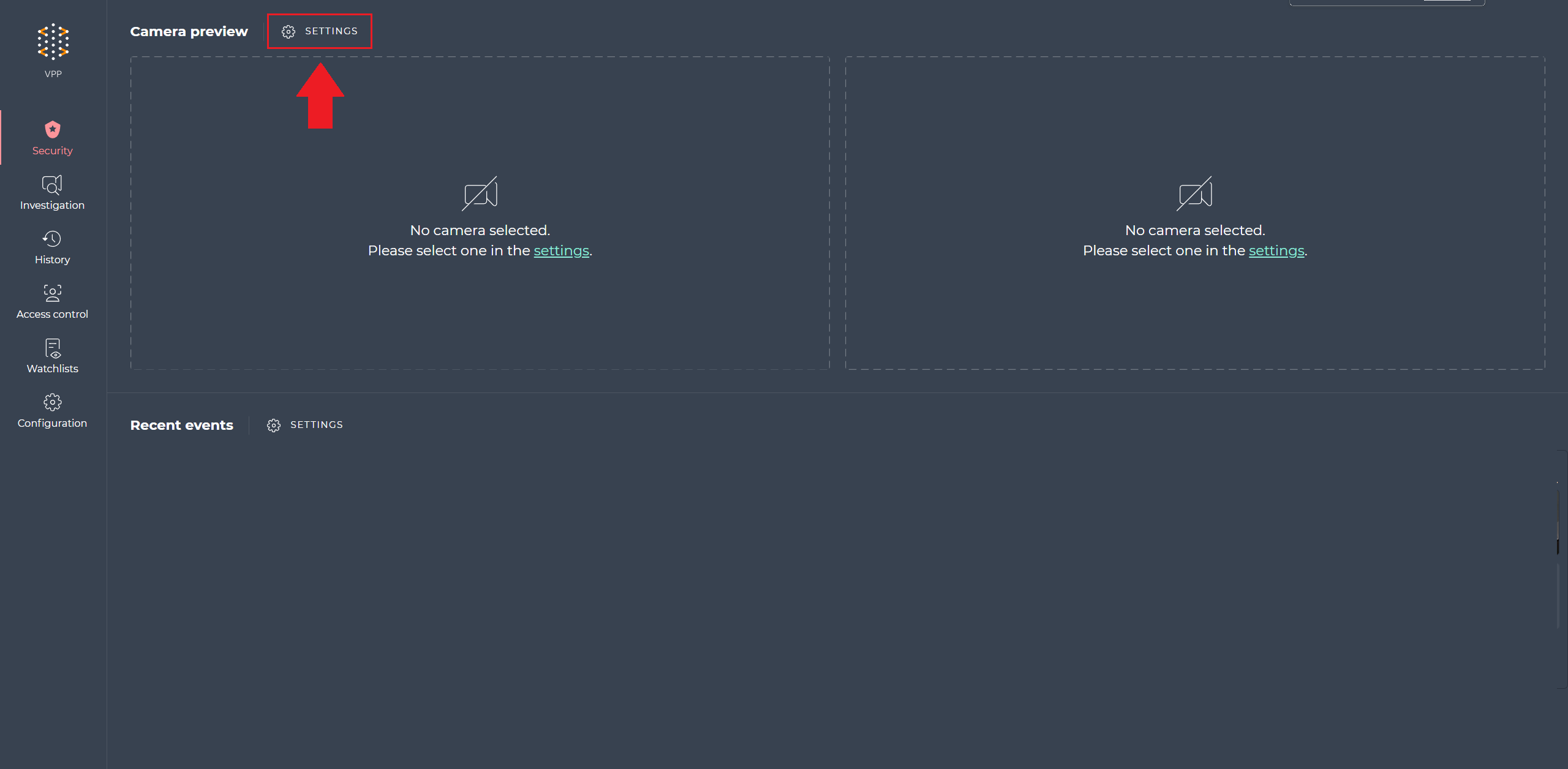 Security page with the camera preview Settings button highlighted